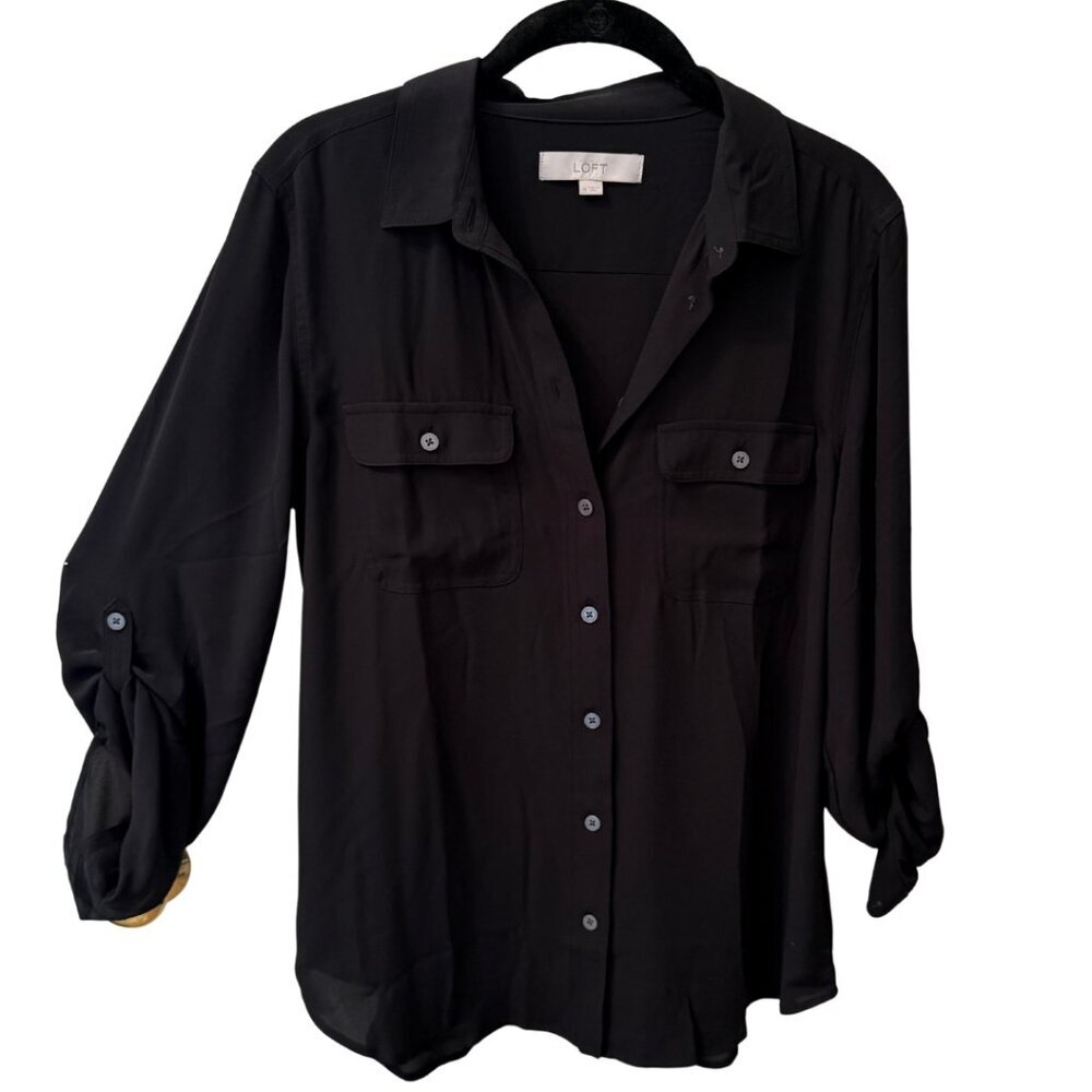 Ann Taylor Loft, Black, Button Down, 2 Pocket, Roll Cuff, M